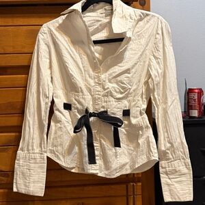White Long Sleeve Blouse with Black Ribbon